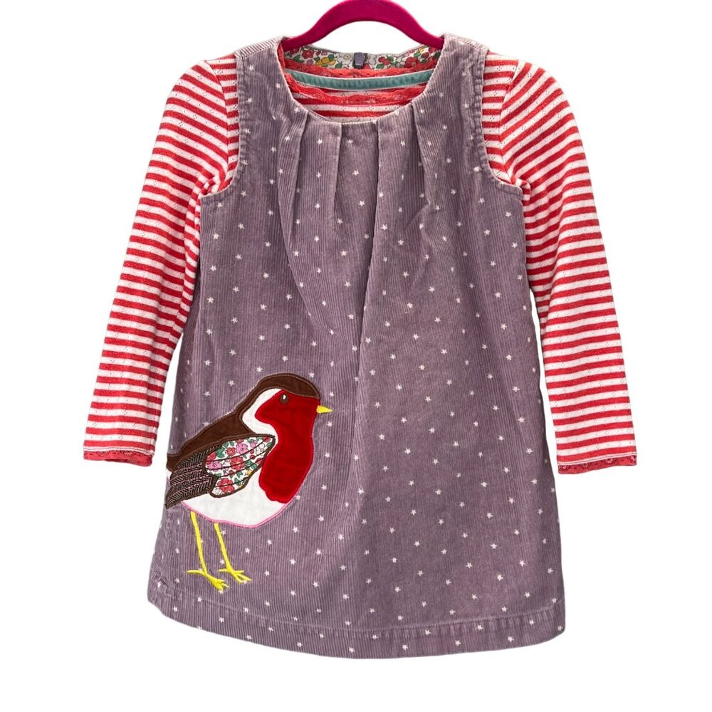 Mini Boden Pinnie Corduroy Jumper Dress Shirt Set size 3-4 Y Purple Robin Bird